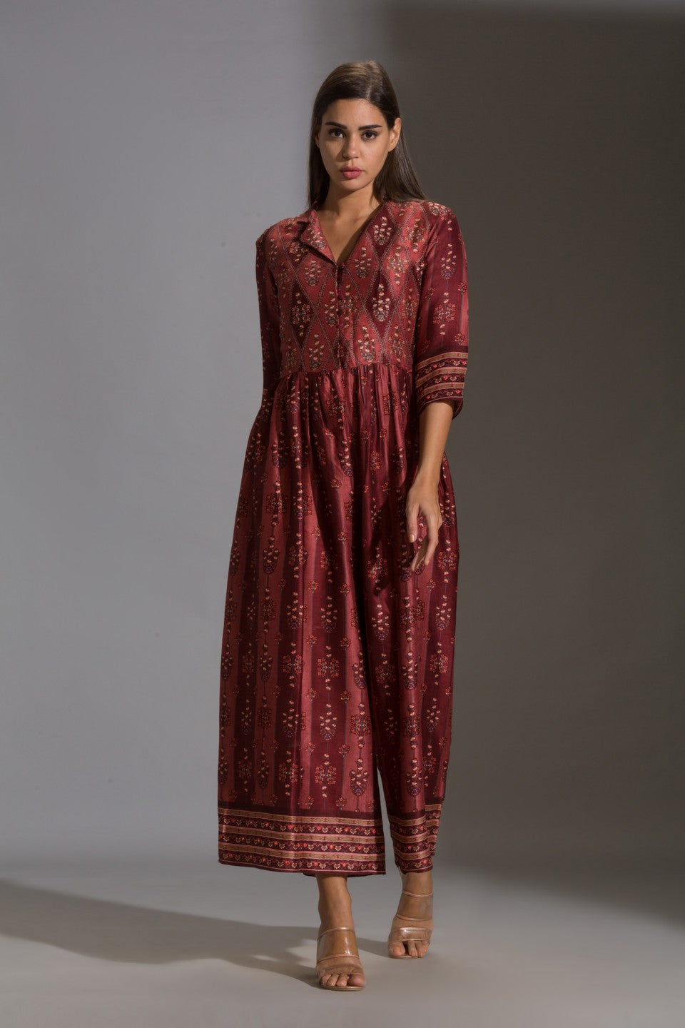 Printed collared jumpsuit with front opening