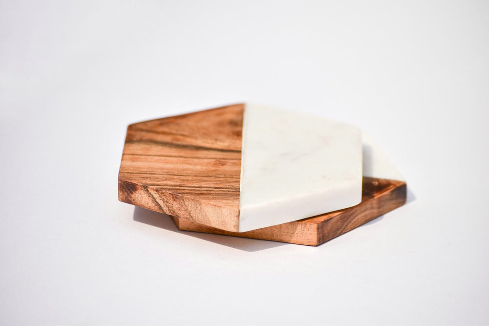 Hexagon marble and wood coaster set