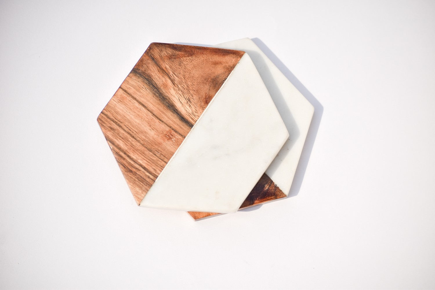 Hexagon marble and wood coaster set