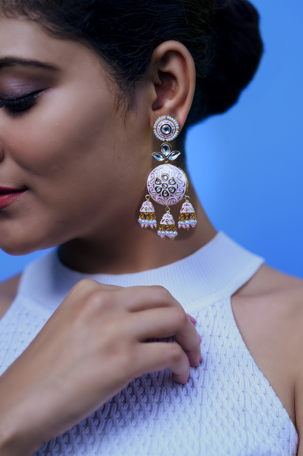 Pink enamelled jhumki earrings