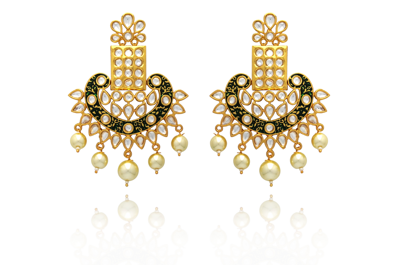 Green enamelled festive kundan  earrings