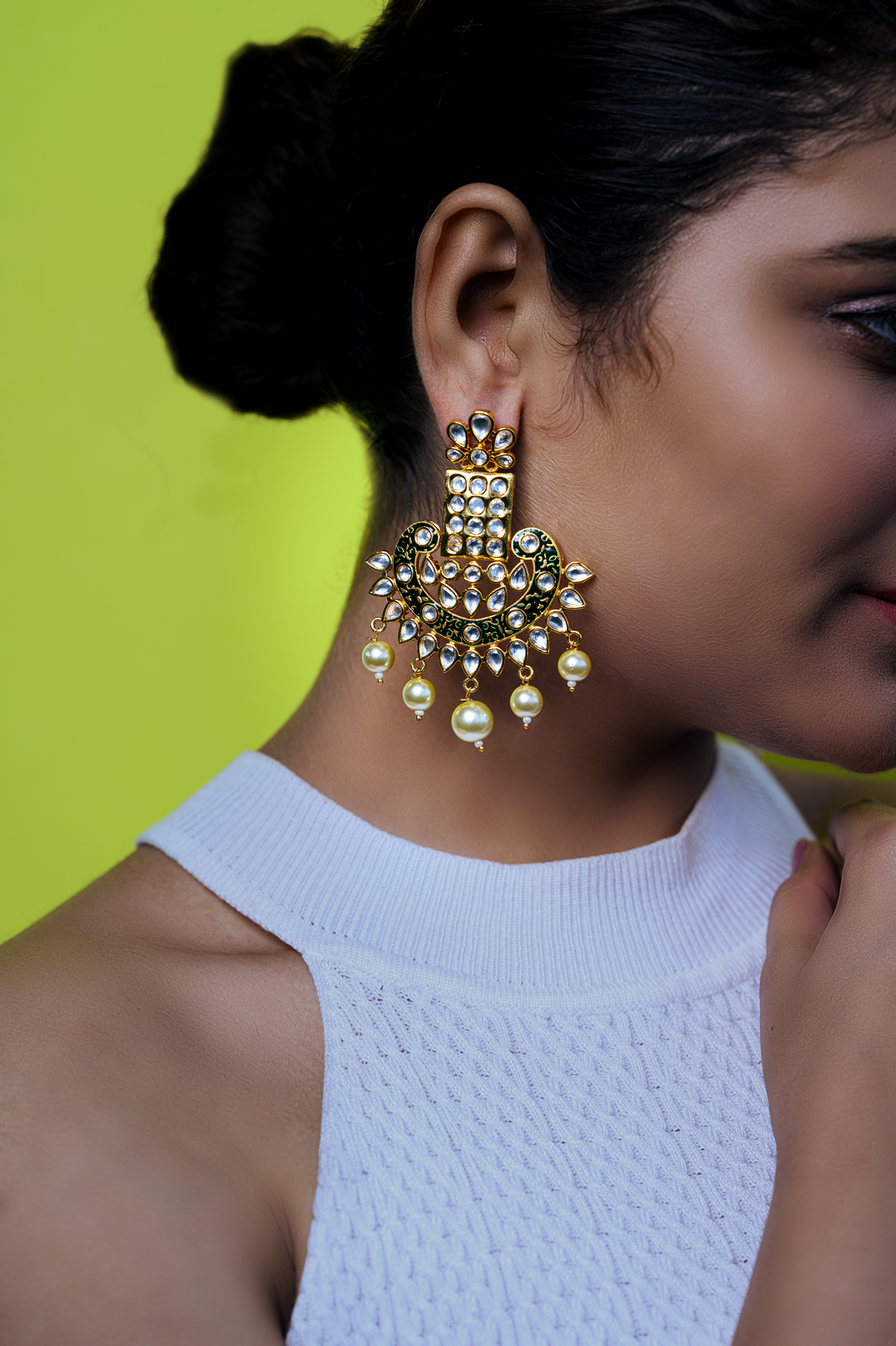 Green enamelled festive kundan  earrings