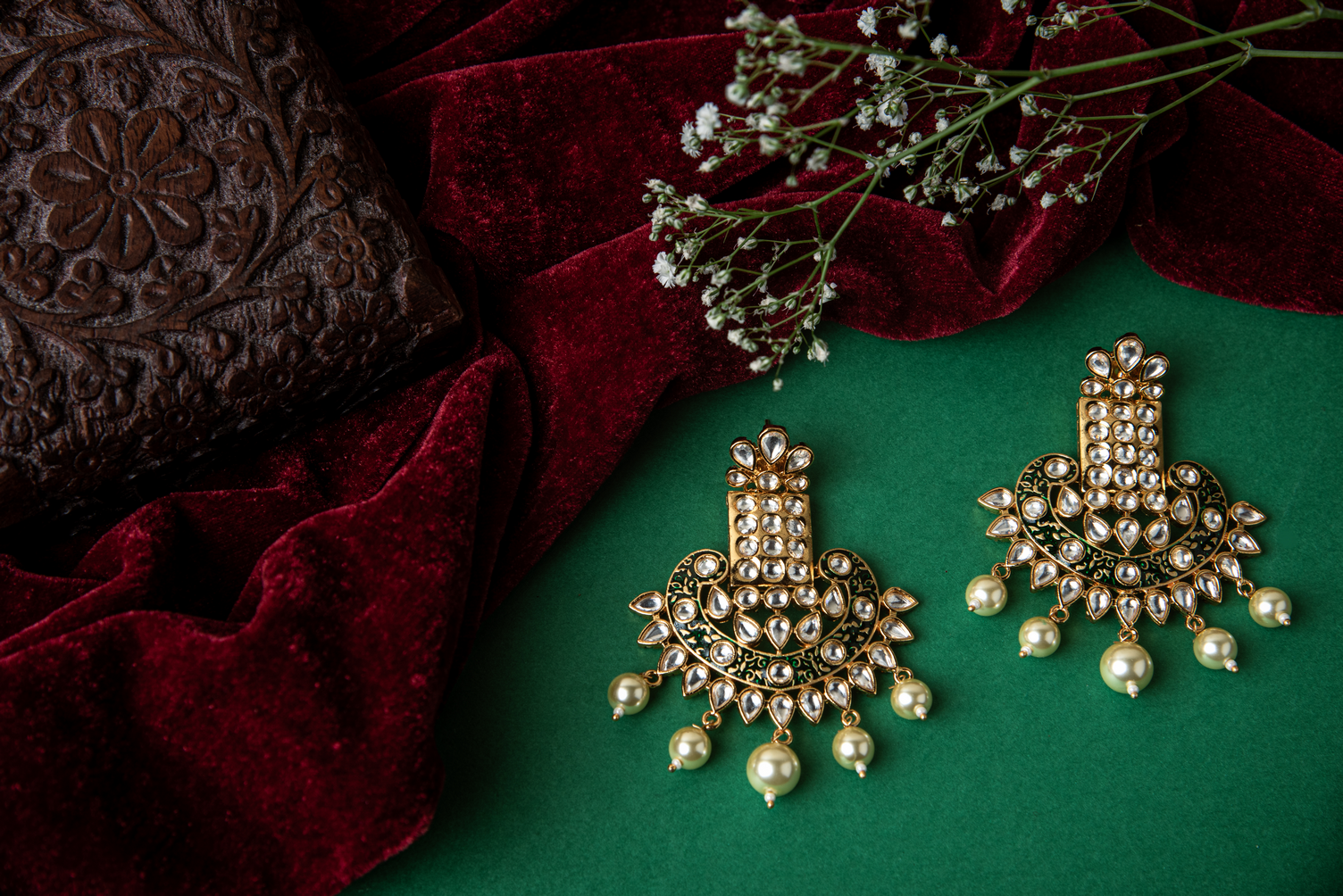 Green enamelled festive kundan  earrings