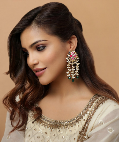 Pink floral meena earrings