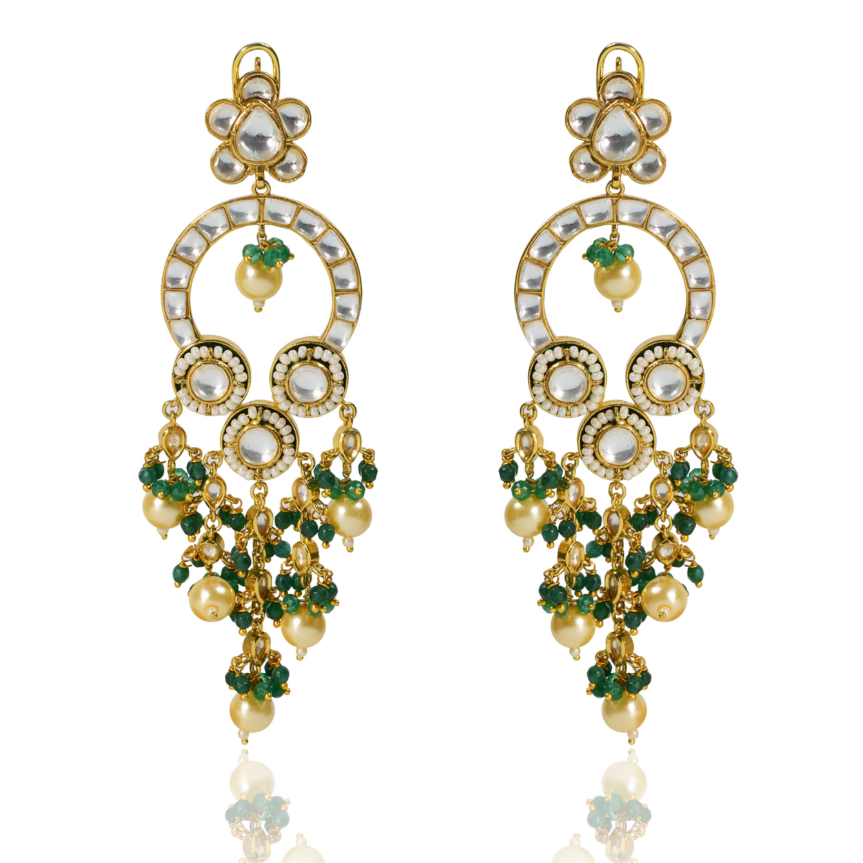 Kundan green beads long earrings