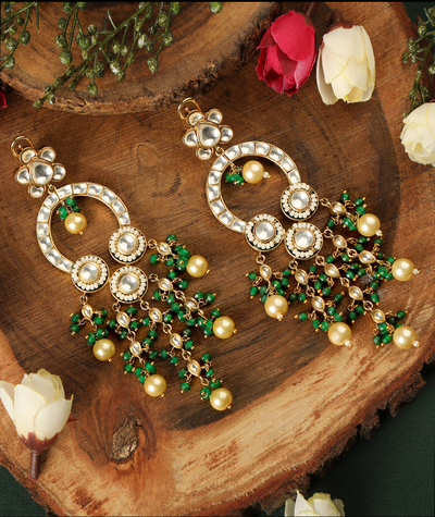 Kundan green beads long earrings