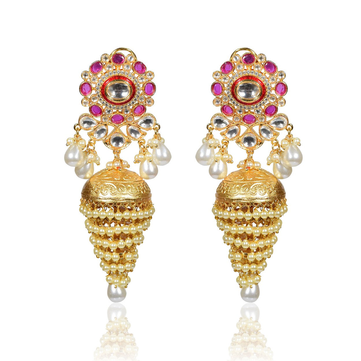 RED AND WHITE PEARLS JHUMKI EARRINGS