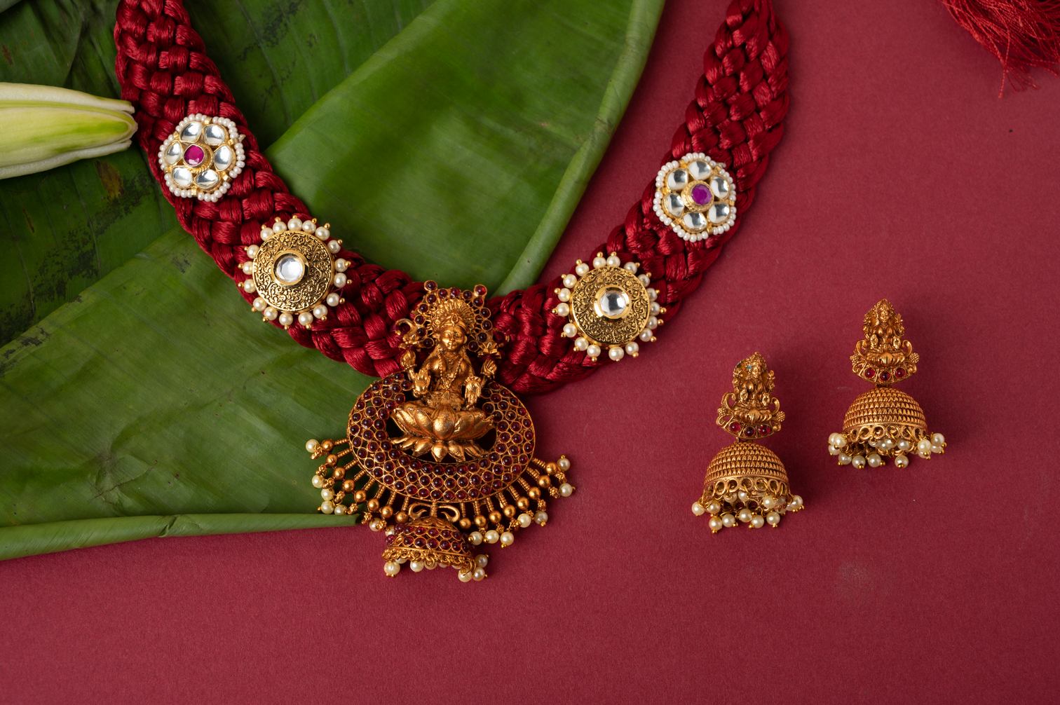 Red silk base temple necklace set