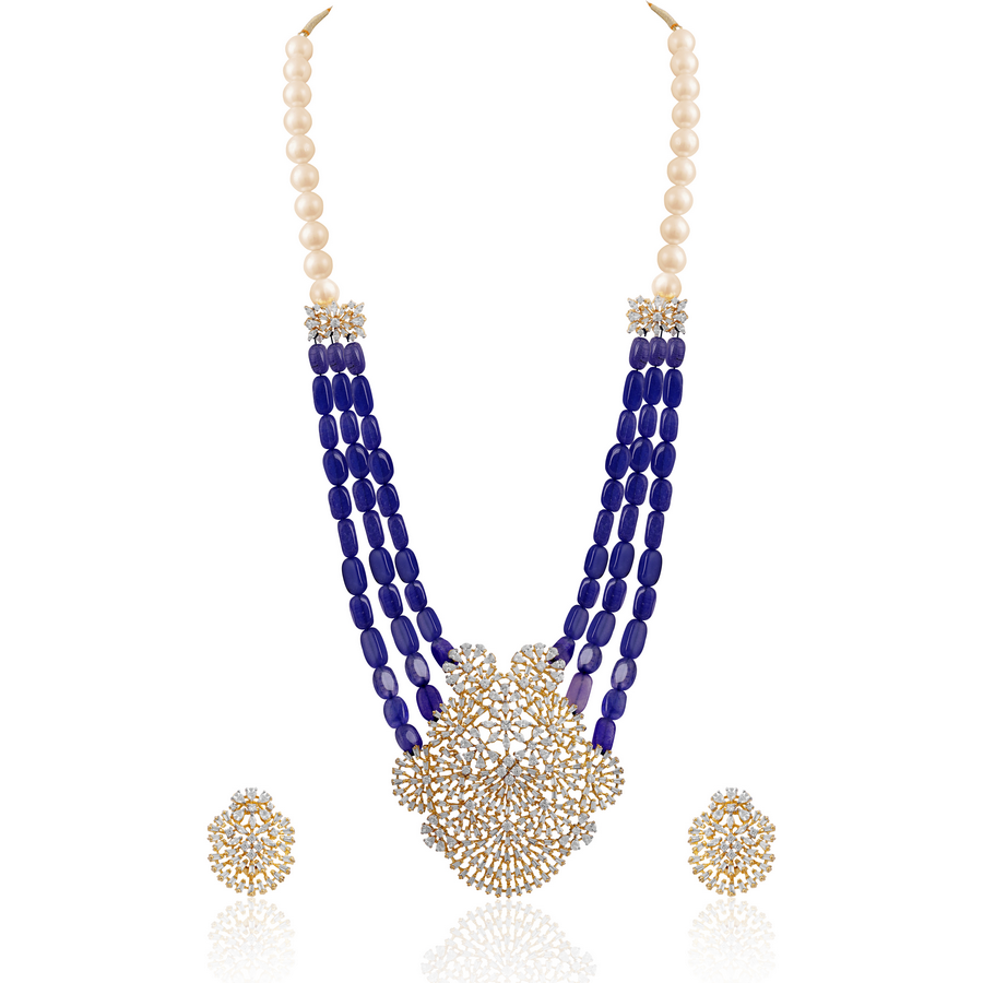 Royal blue beads faux diamond  necklace set