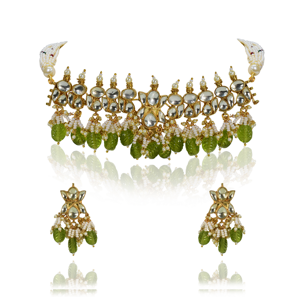 Pachi kundan green drop choker set