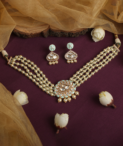 Blue meena pearl necklace set