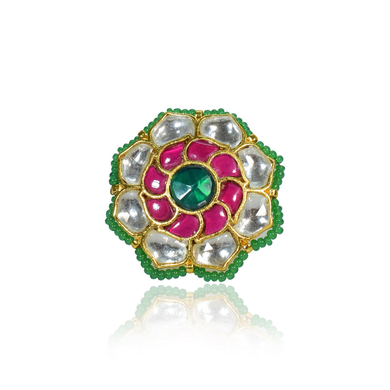 RED AND GREEN PACHI KUNDAN RING