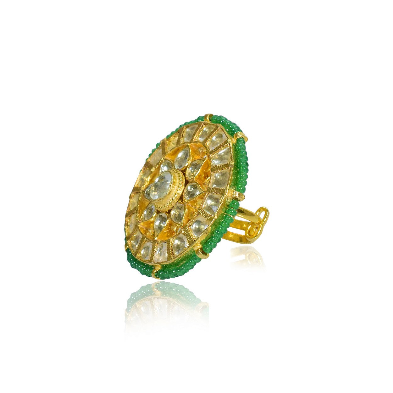 GREEN BEADS PACHI KUNDAN RING