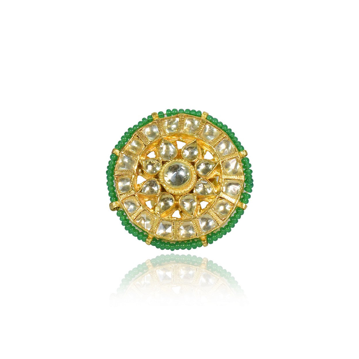 GREEN BEADS PACHI KUNDAN RING