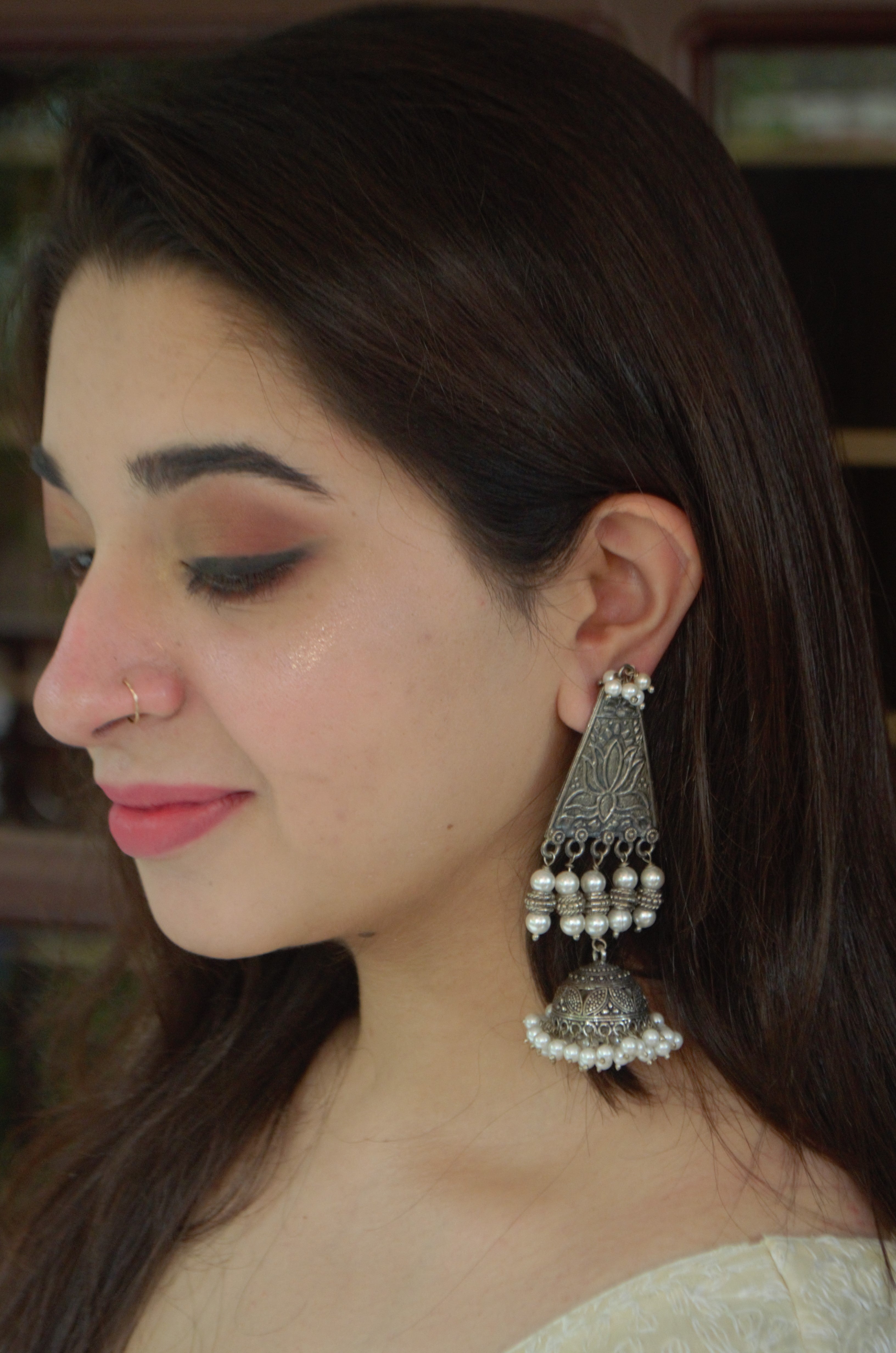 Tikoni pearl silver jhumkas