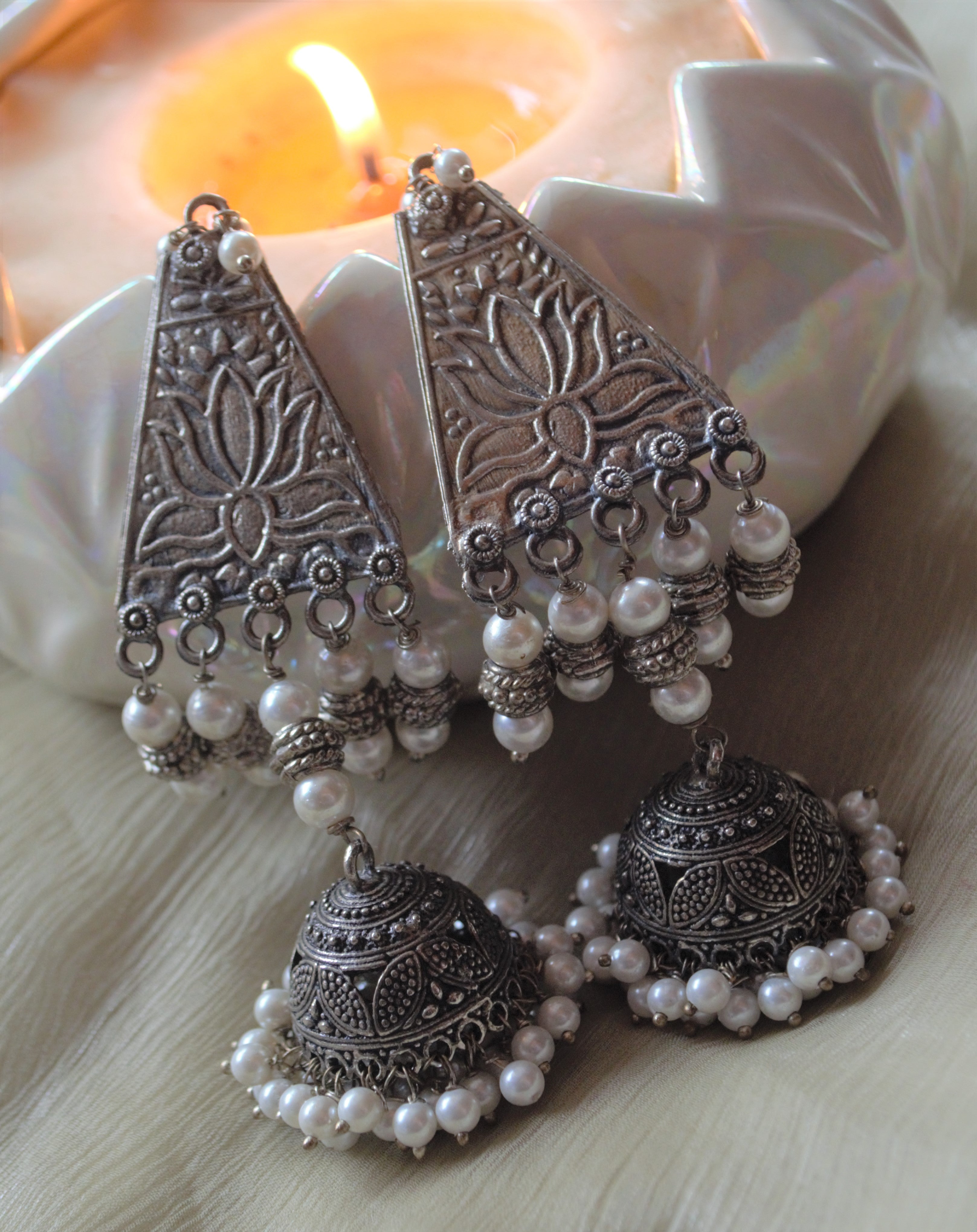 Tikoni pearl silver jhumkas