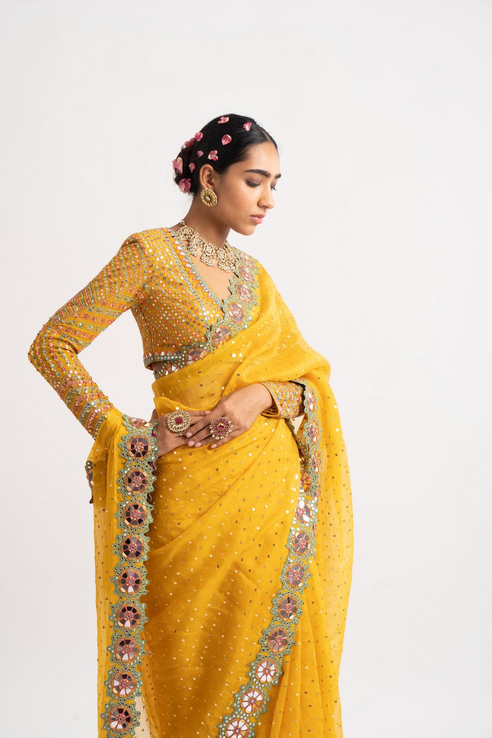 yellow mirror work saree