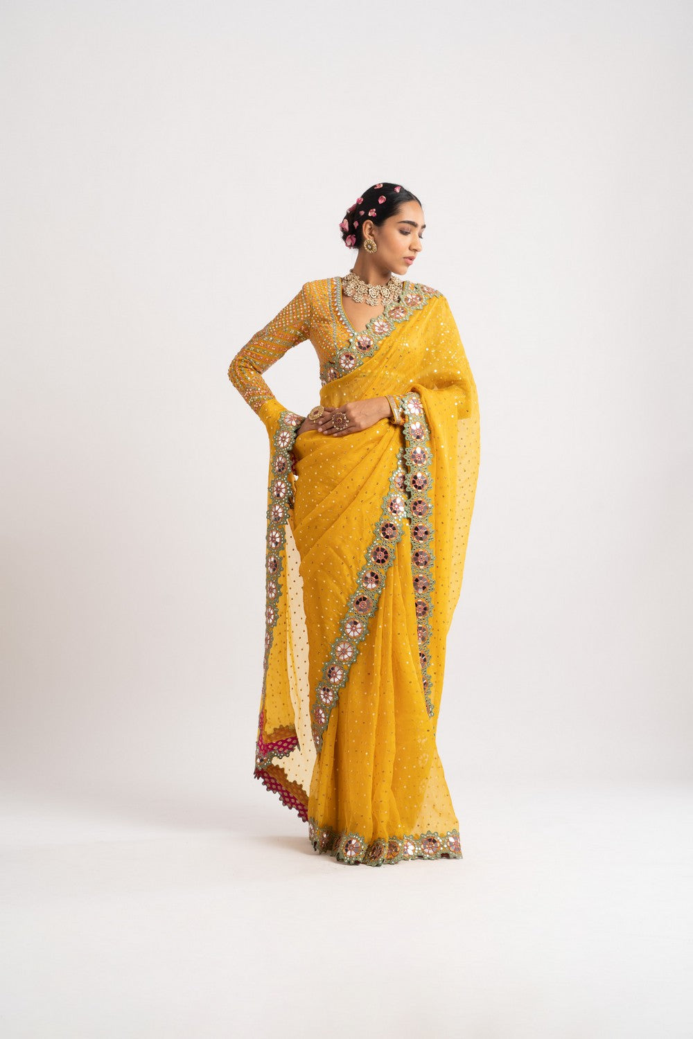 yellow mirror work saree