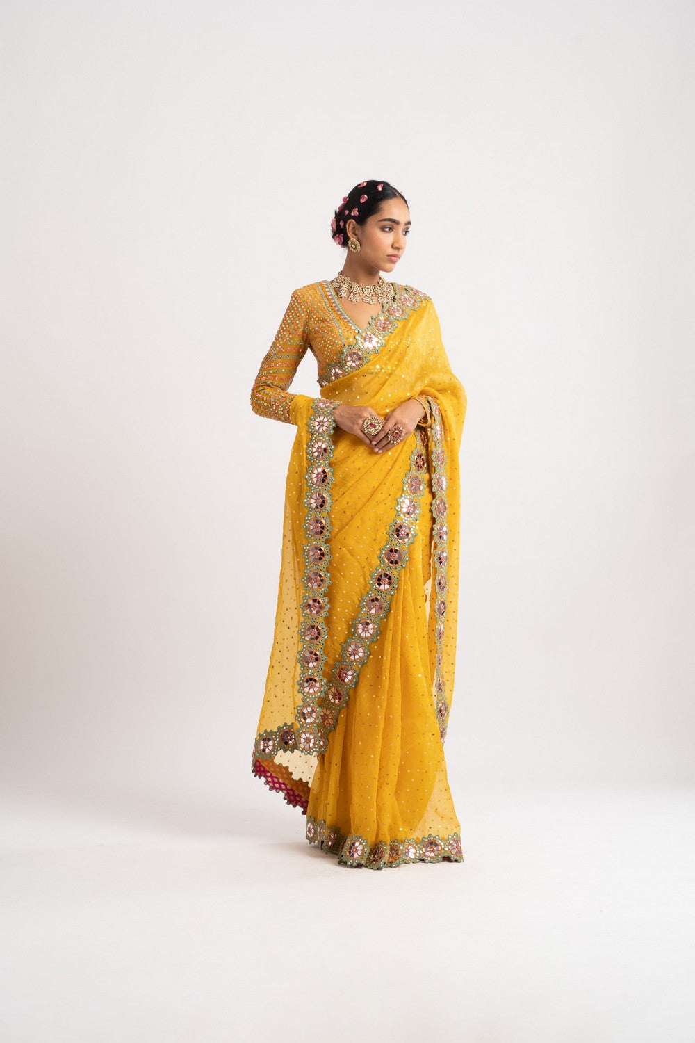 yellow mirror work saree