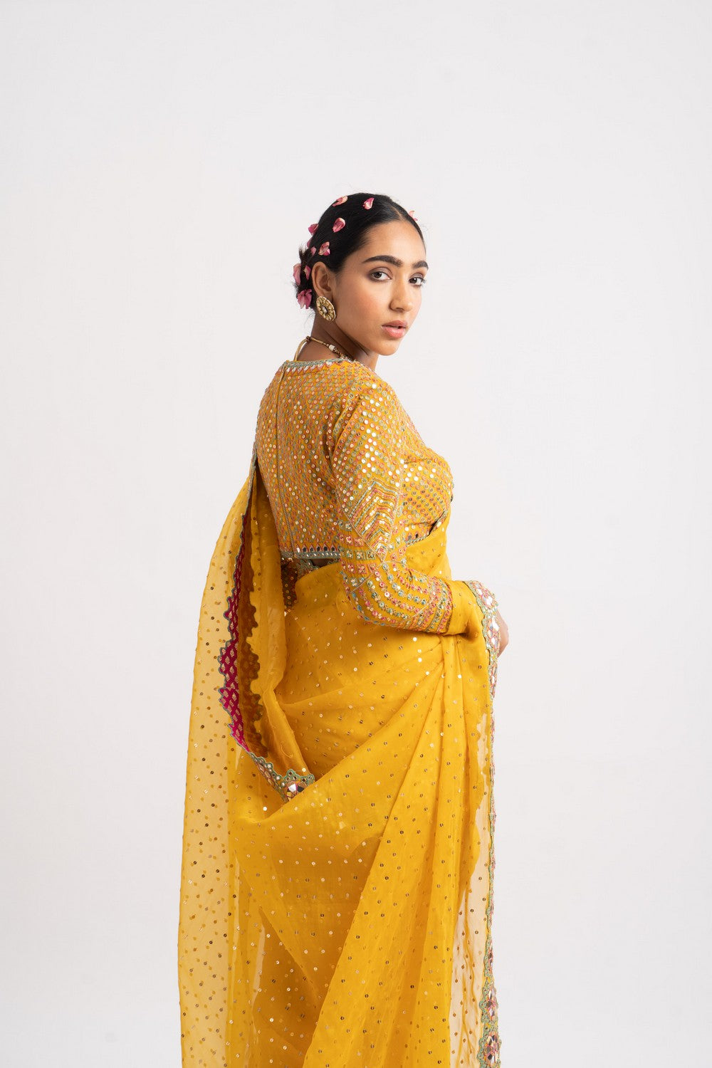 yellow mirror work saree