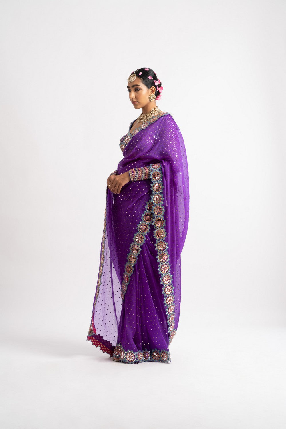 Purple Mirror Border Saree Set