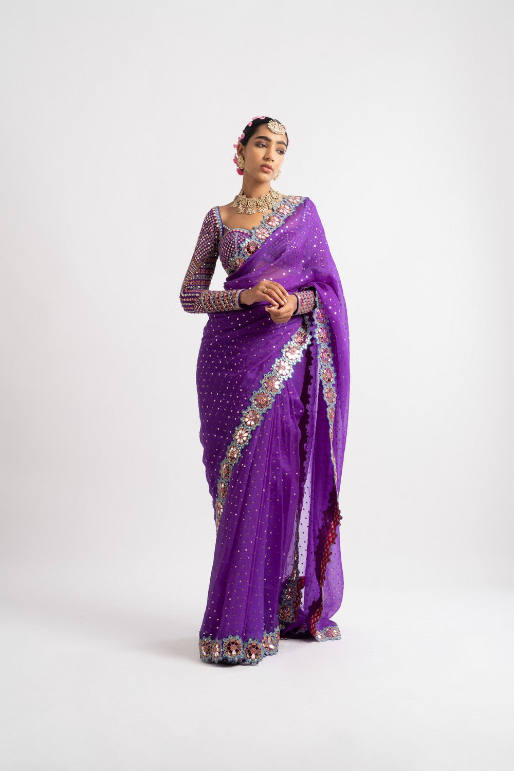 Purple Hand Cut Mirror Border Saree Set