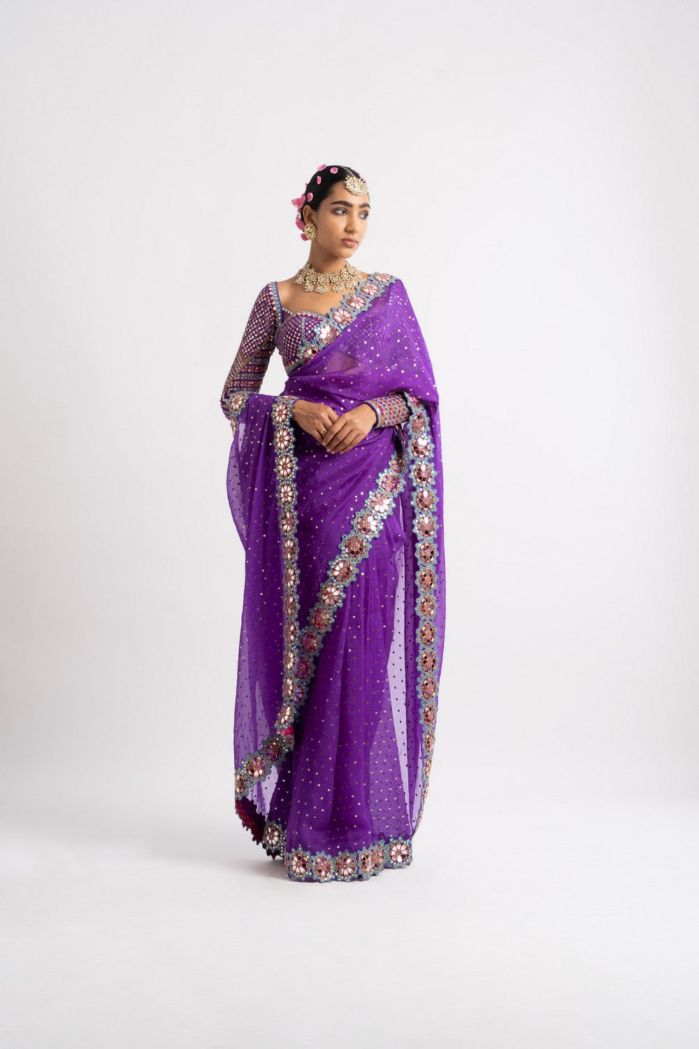 Purple Hand Cut Mirror Border Saree Set