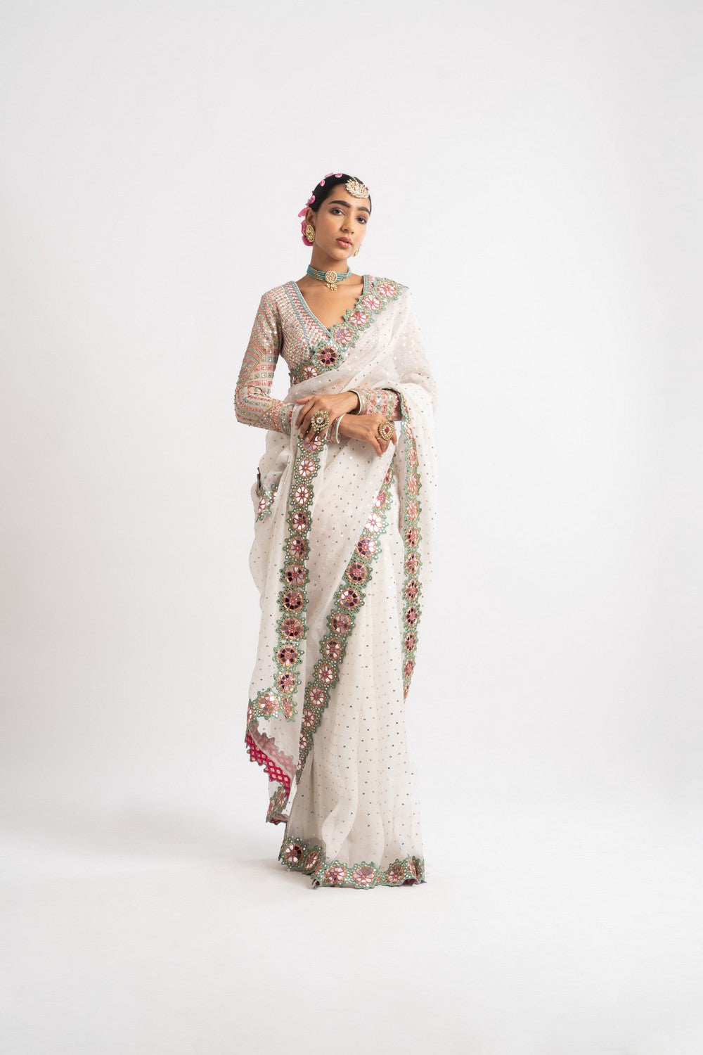 White Mirror Border Saree Set