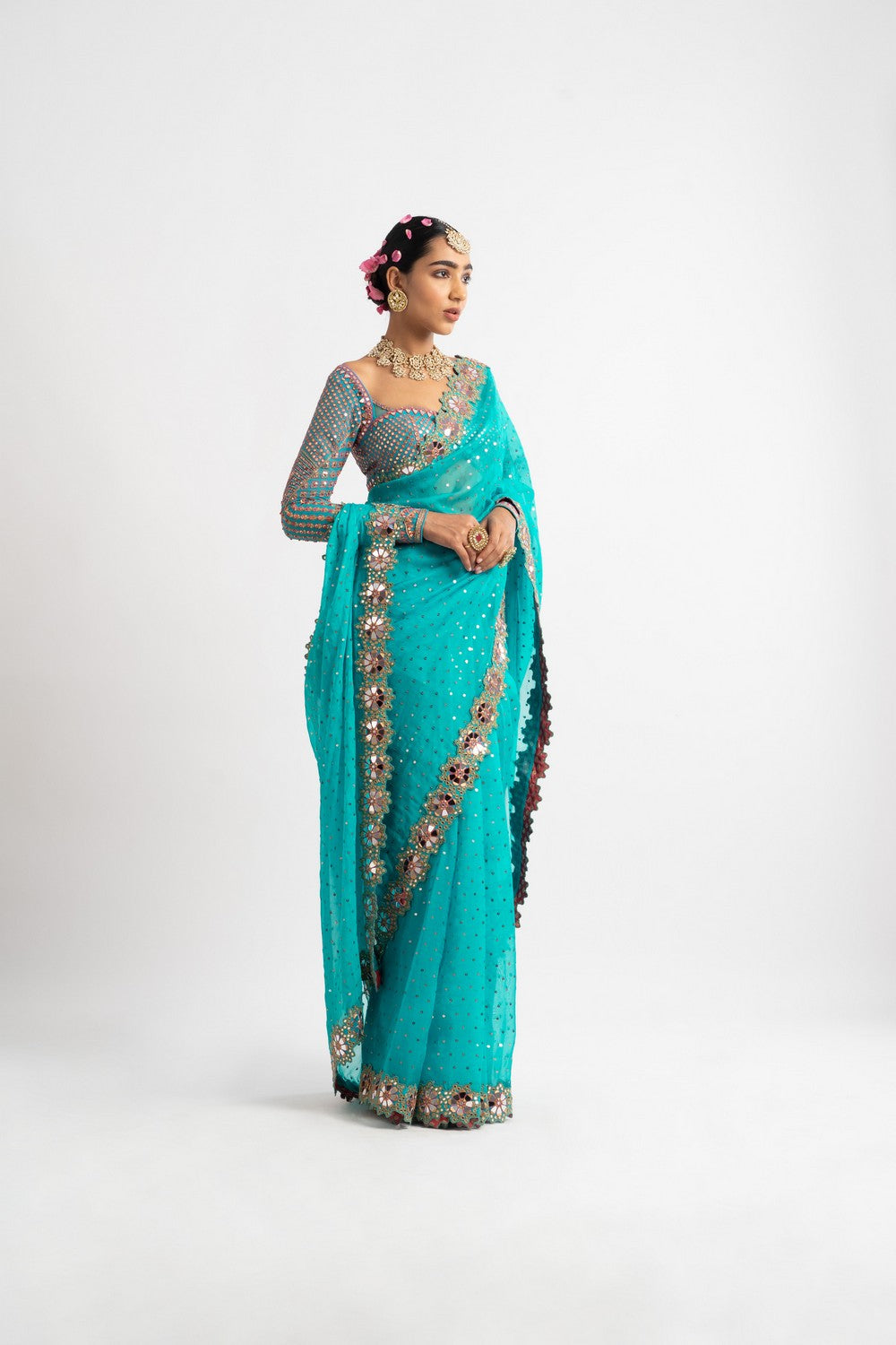 Peacock Green Mirror Border Saree Set