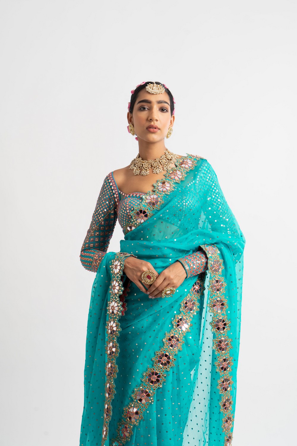 Peacock Green Hand Cut Saree Set