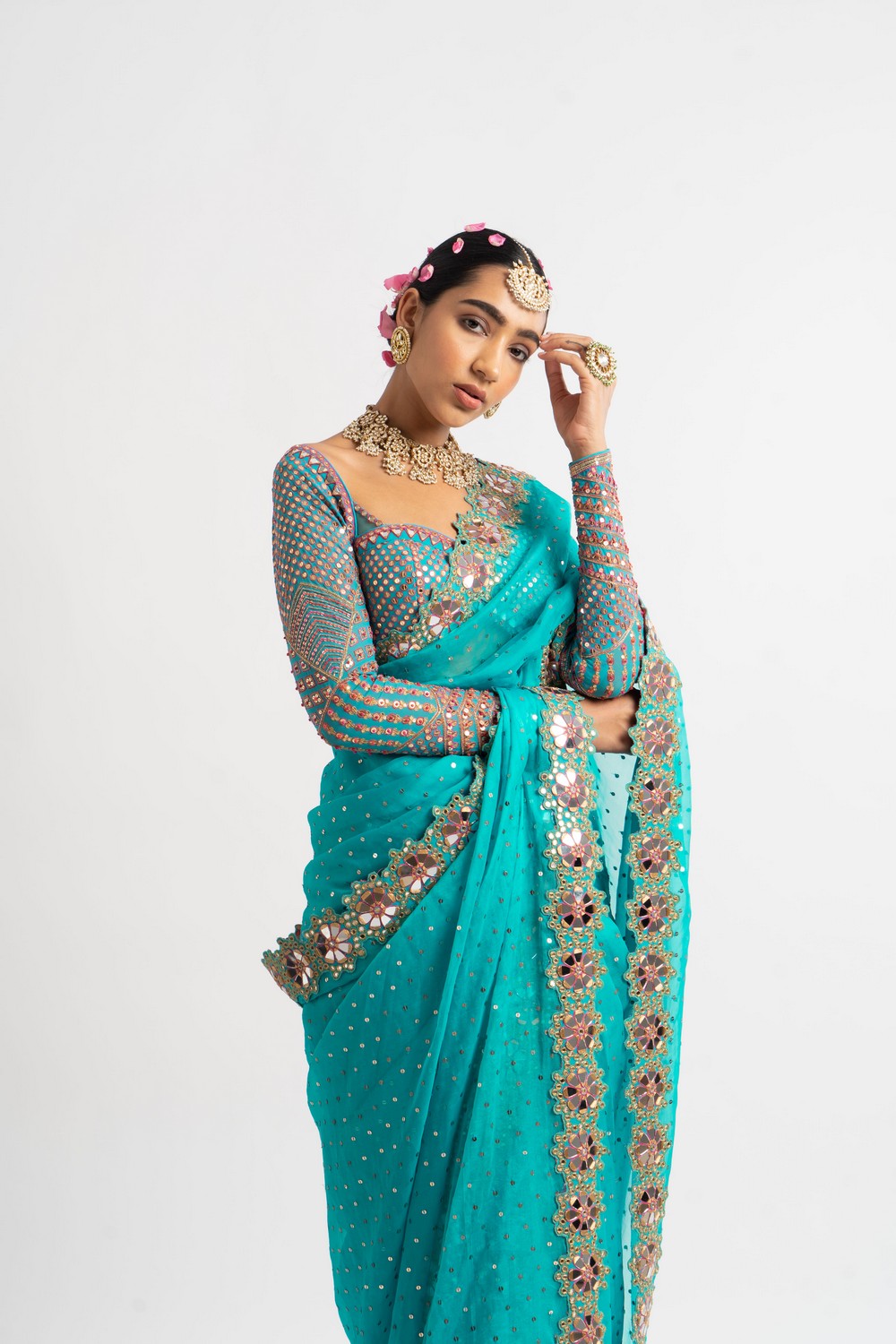 Peacock Green Mirror Border Saree