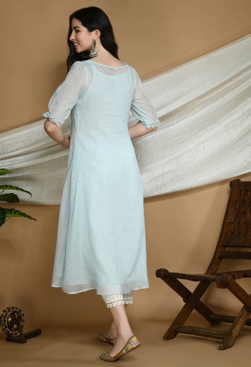 Powder Blue Kota Doria Kurta and cotton Pants