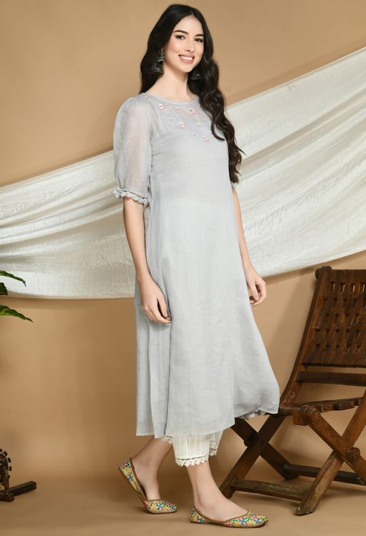 Slate Grey Kota Doria Kurta and cotton Pants