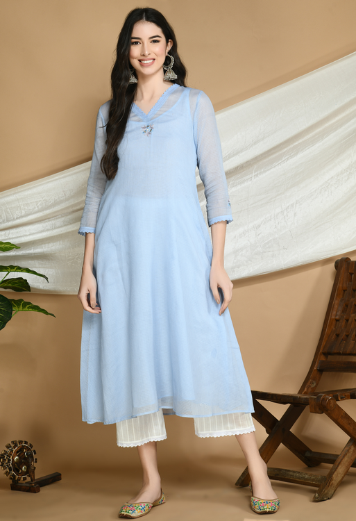 Frost Blue Kota Doria Kurta and cotton Pants