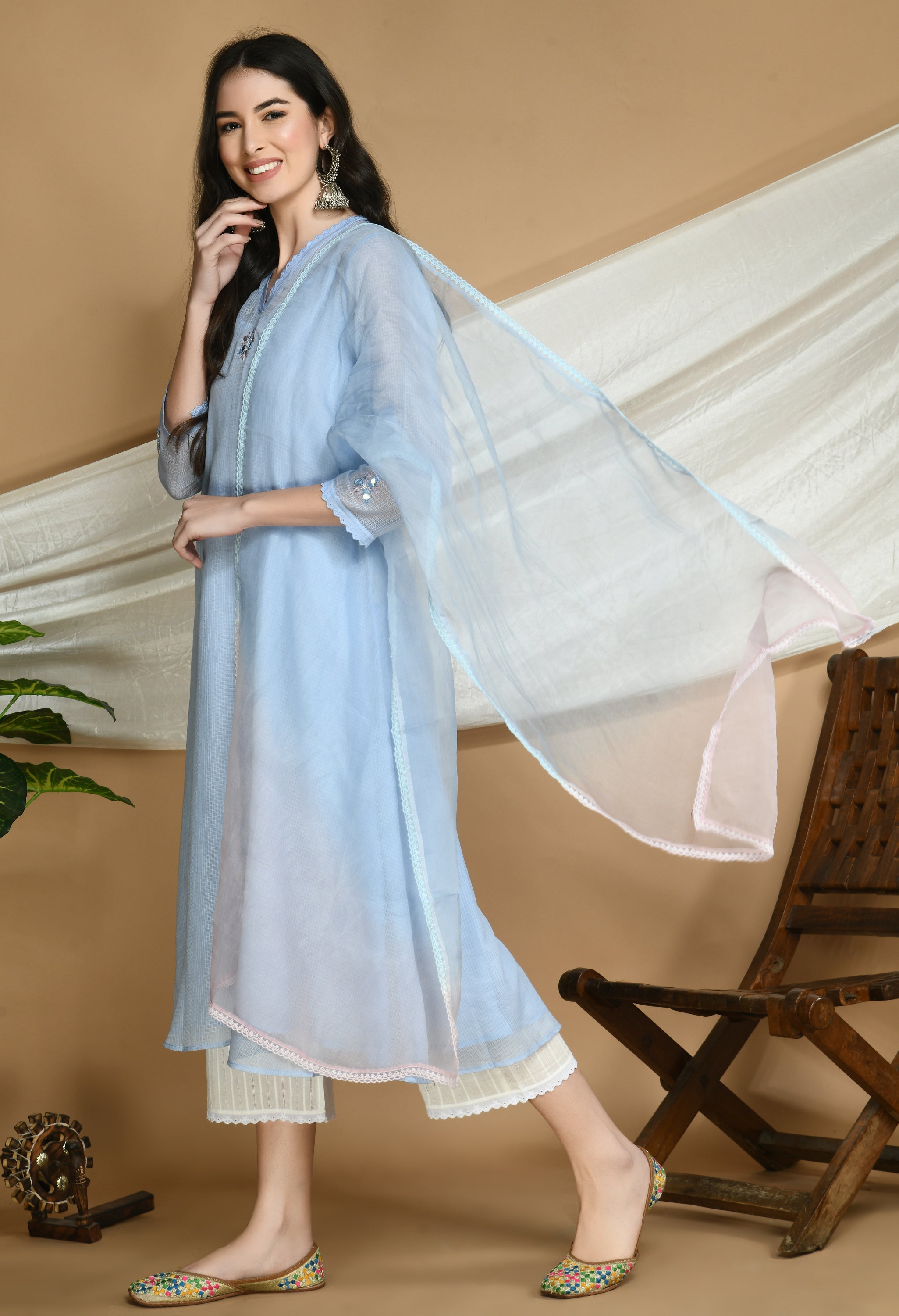 Frost Blue Kota Doria Kurta and cotton Pants Set