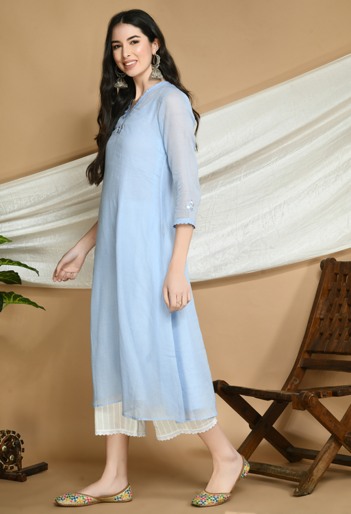 Frost Blue Kota Doria Kurta and cotton Pants