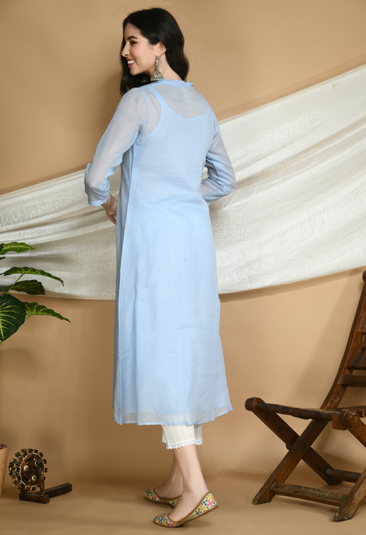 Frost Blue Kota Doria Kurta and cotton Pants