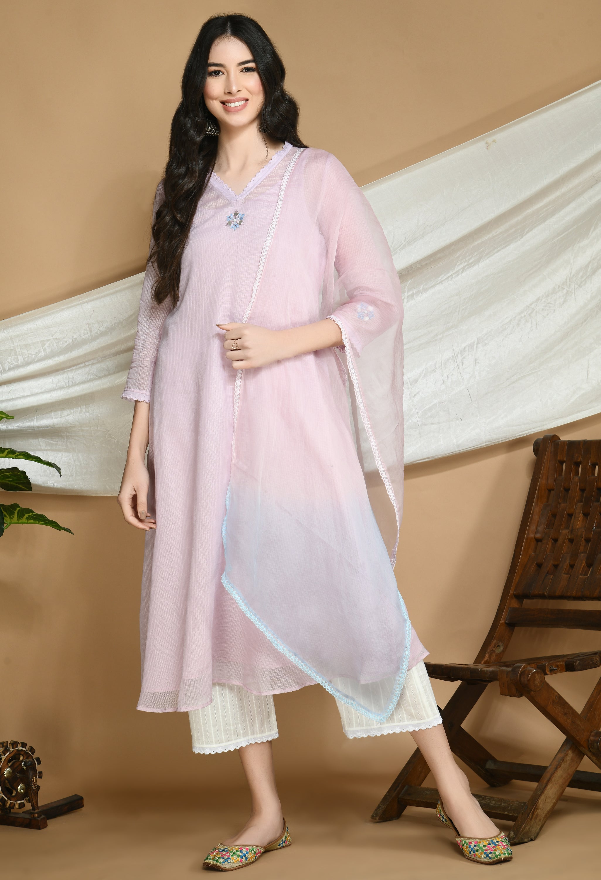 Old Rose Kota Doria Kurta and cotton Pants Set