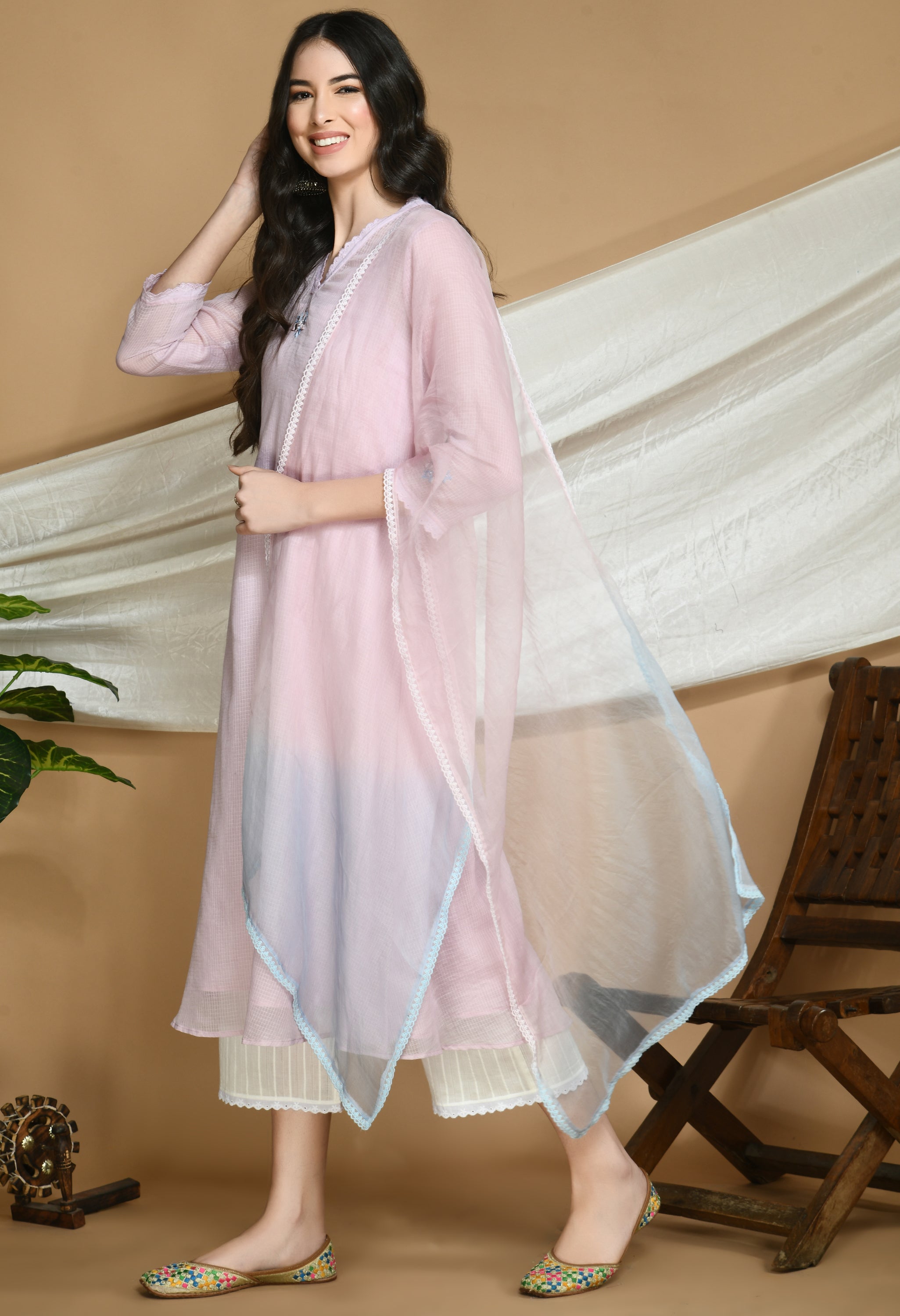 Old Rose Kota Doria Kurta and cotton Pants Set