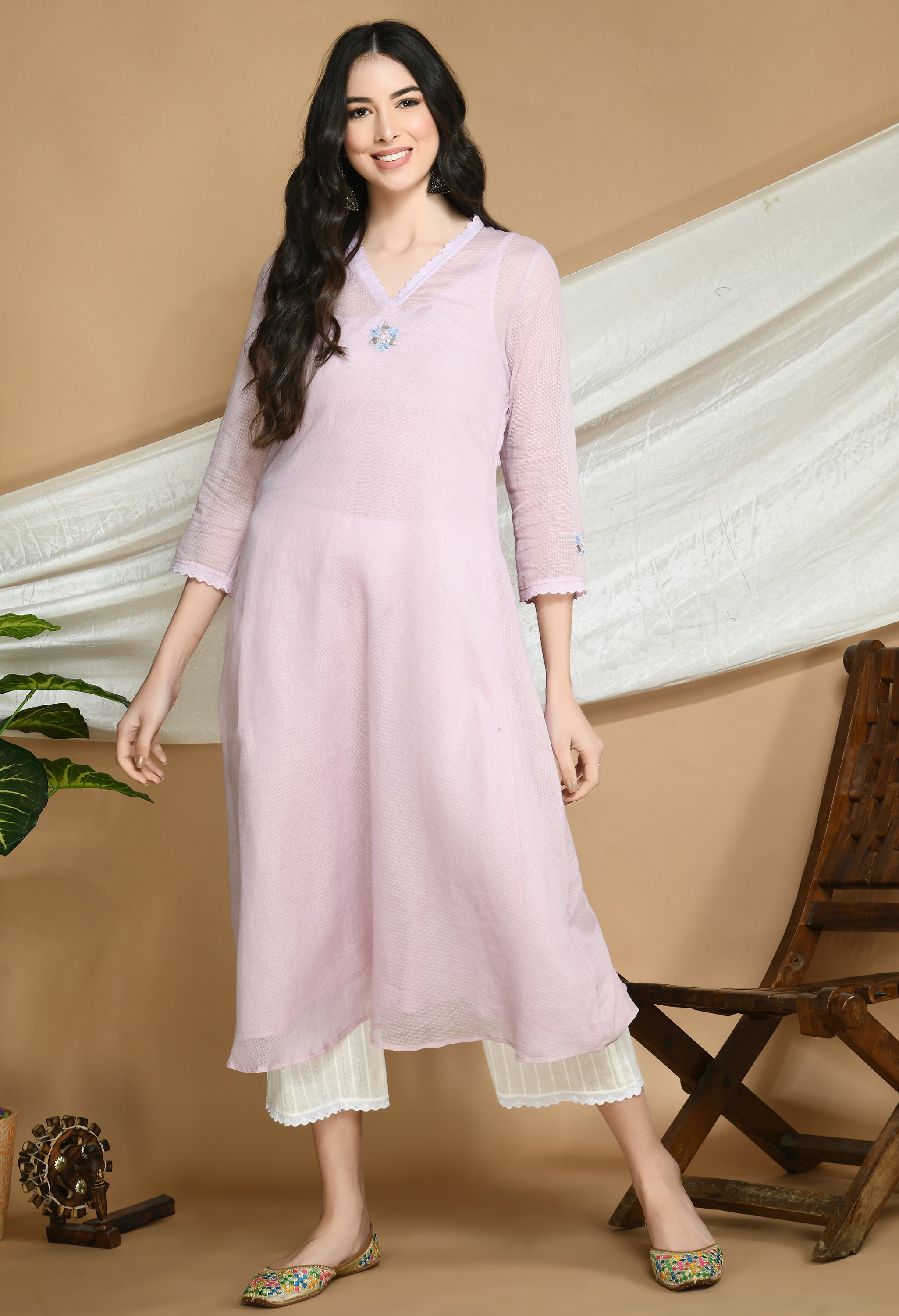 Old Rose Kota Doria Kurta and cotton Pants Set