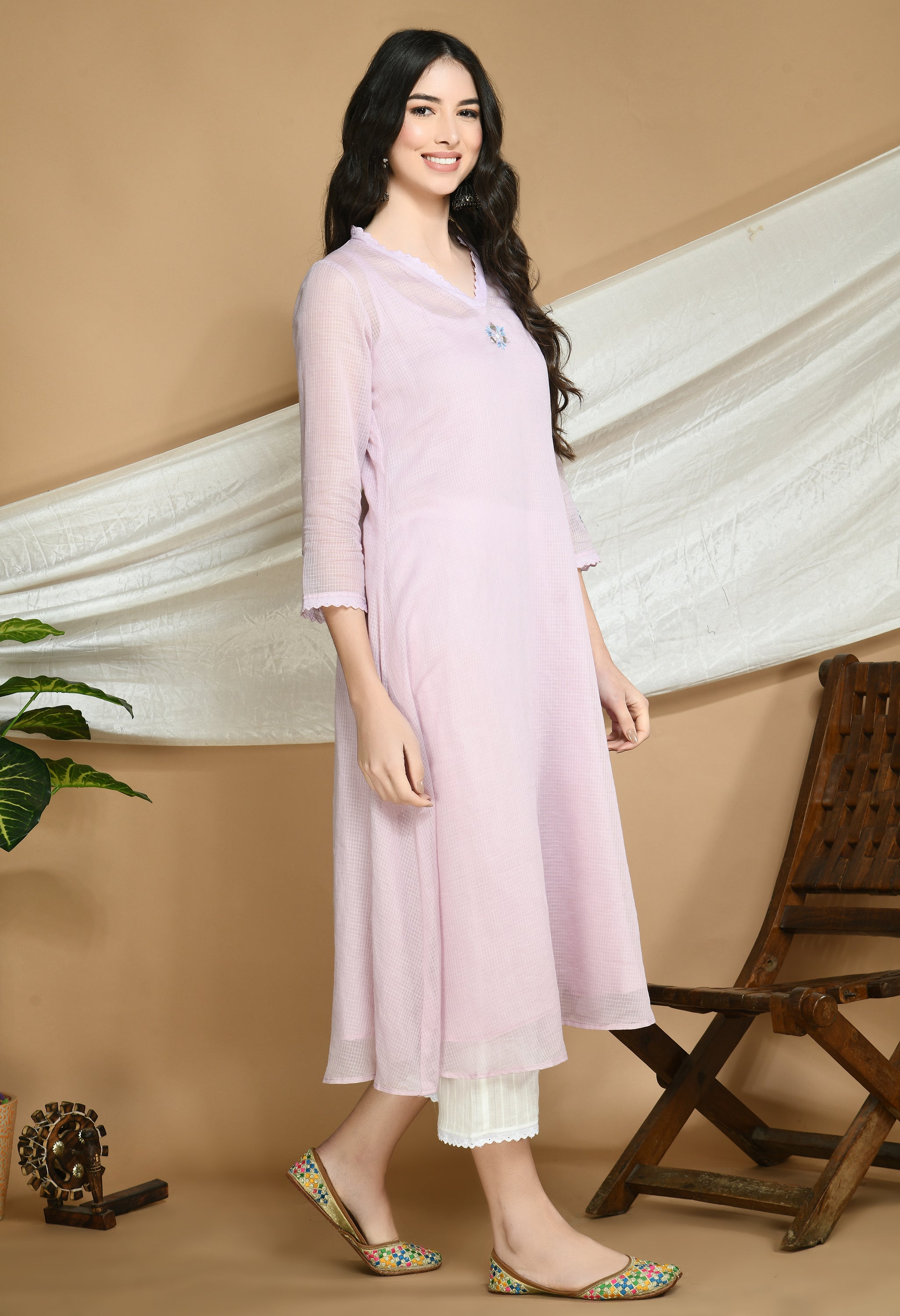 Old Rose Kota Doria Kurta and cotton Pants Set