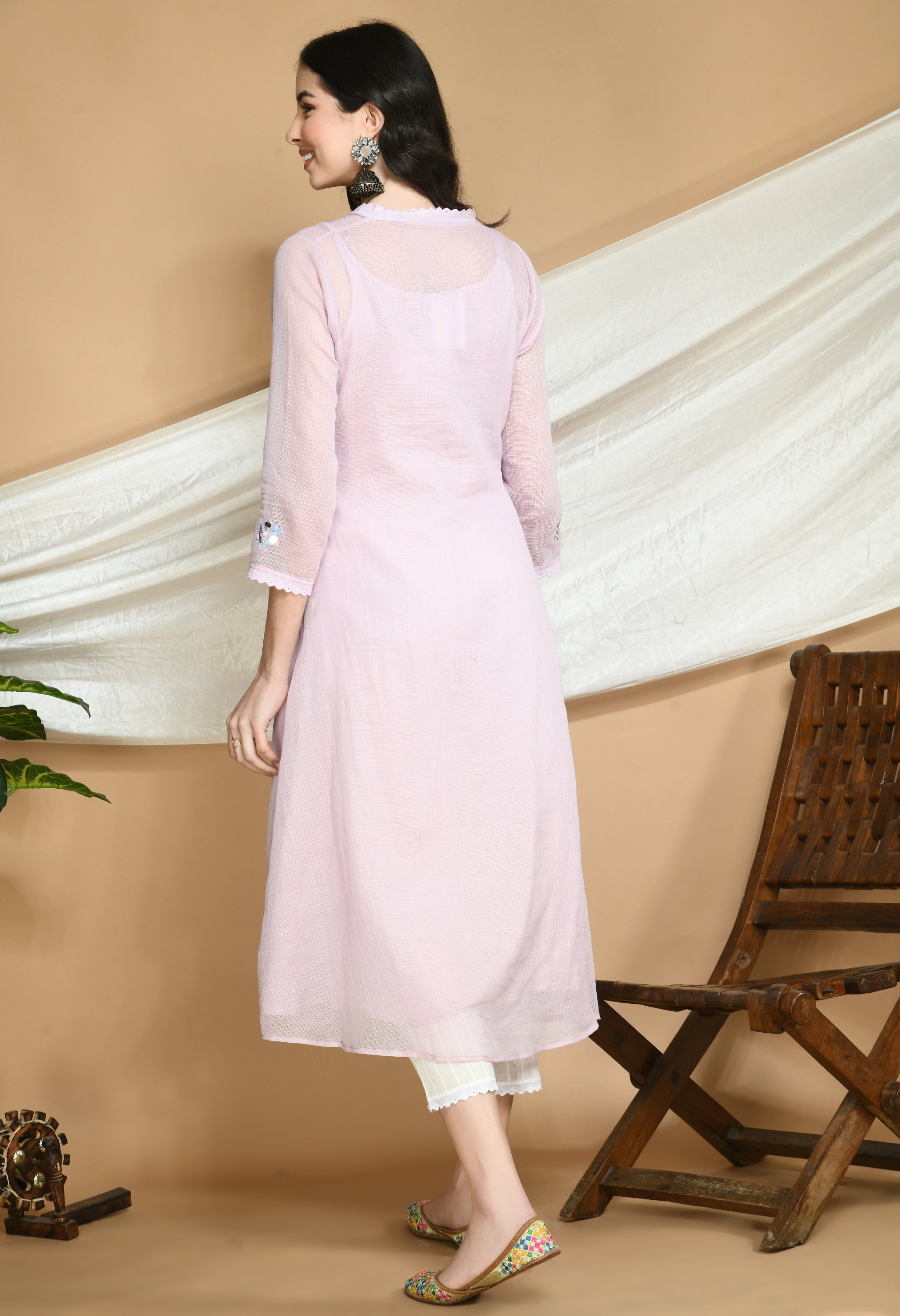 Old Rose Kota Doria Kurta and cotton Pants Set