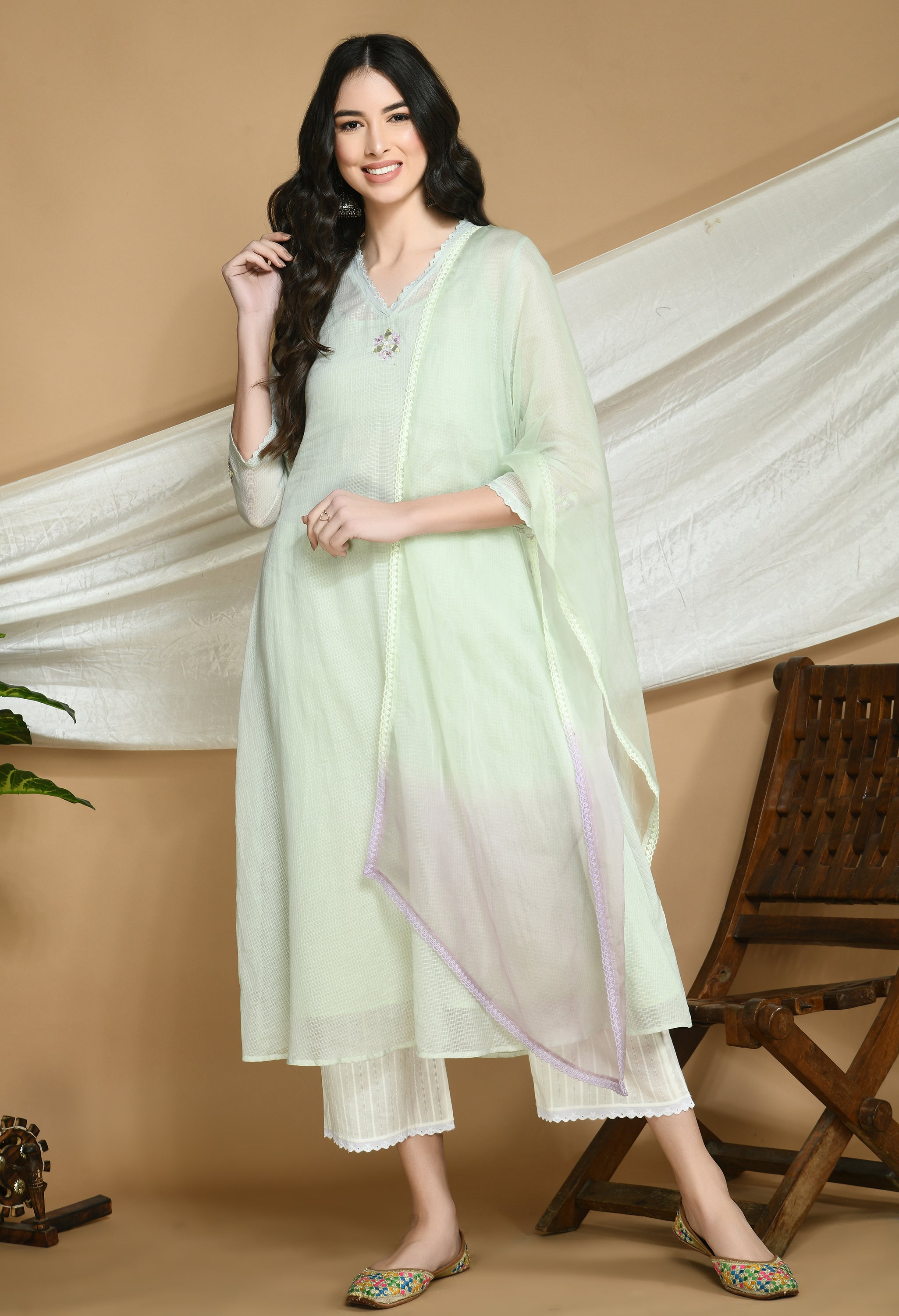 Powder Green Kota Doria Kurta and cotton Pants Set