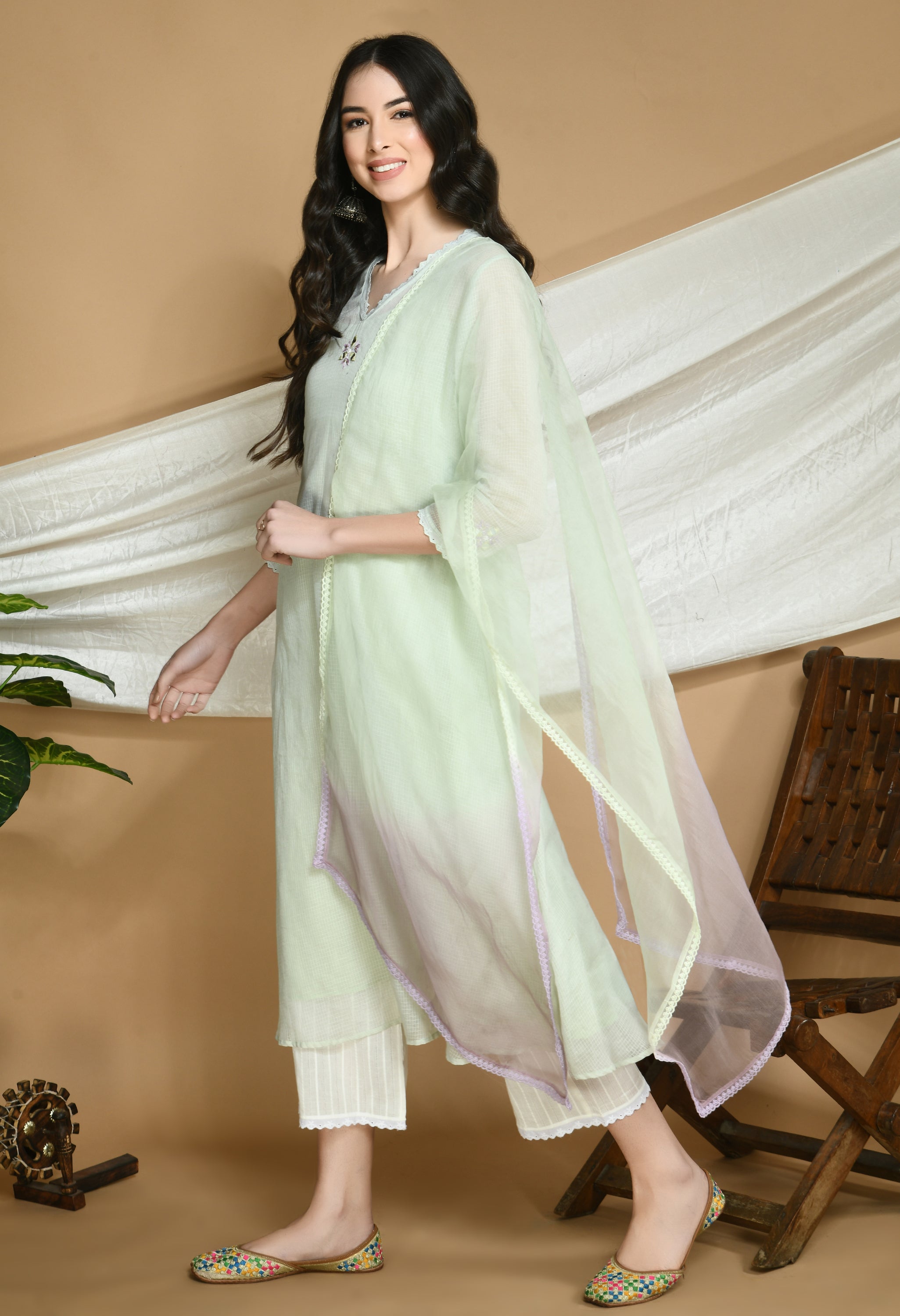 Powder Green Kota Doria Kurta and cotton Pants Set