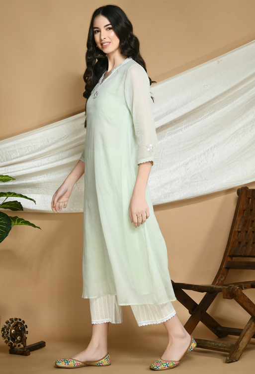 Powder Green Kota Doria Kurta and cotton Pants