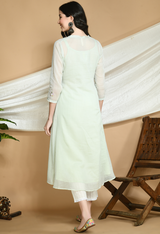 Powder Green Kota Doria Kurta and cotton Pants