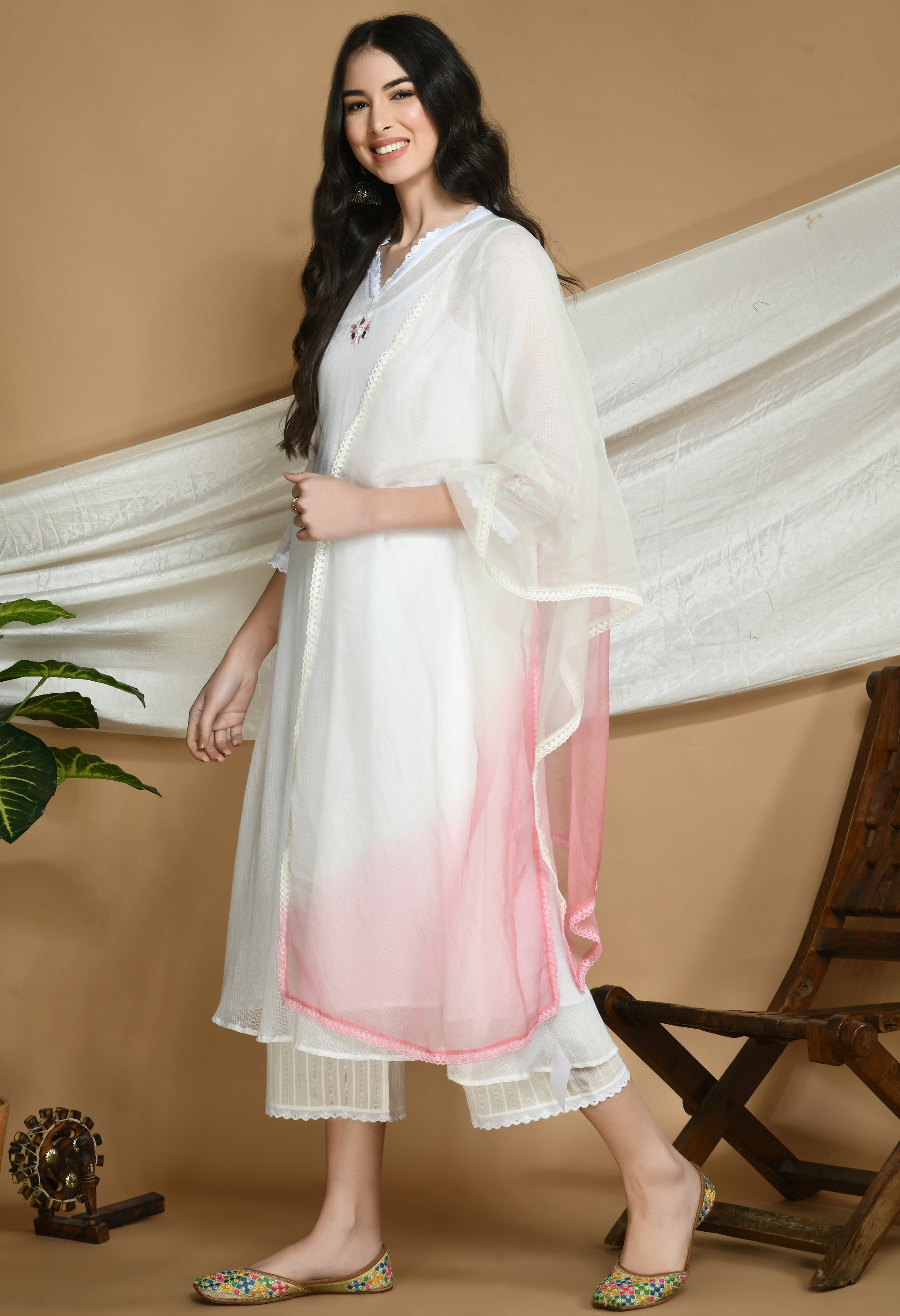 White Kota Doria Kurta and cotton Pants Set