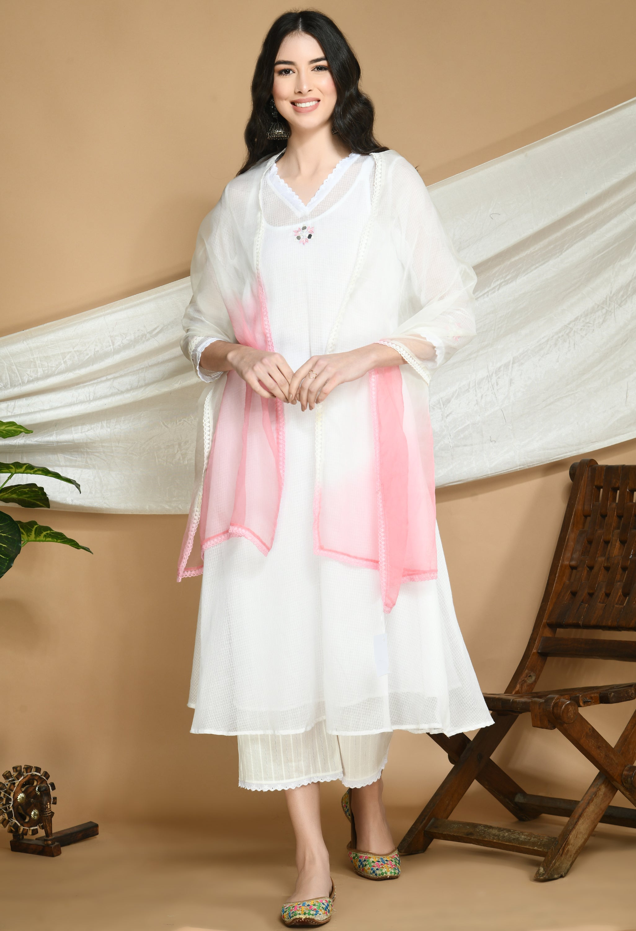 White Kota Doria Kurta and cotton Pants Set