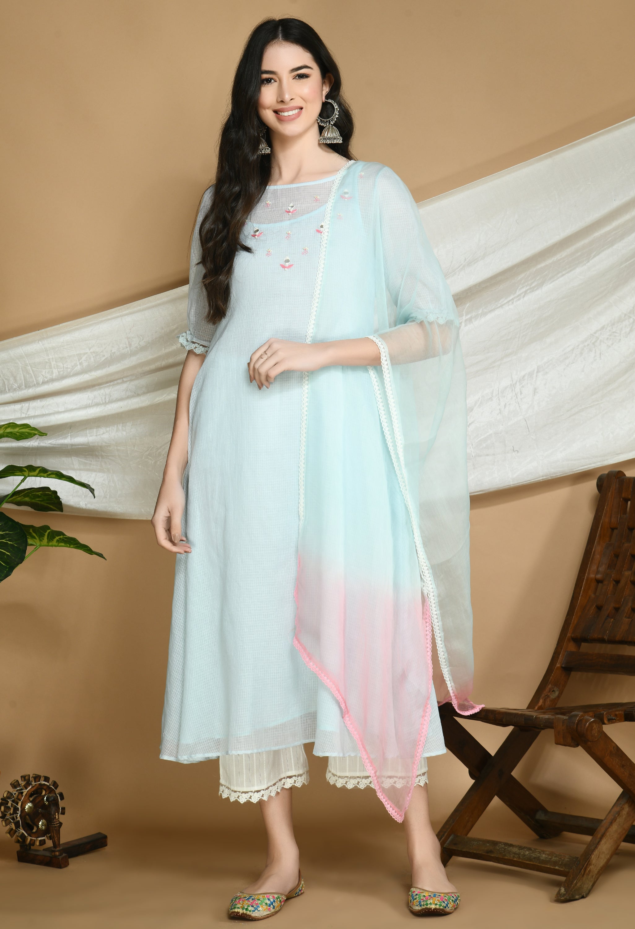 Powder Blue Kota Doria Kurta and cotton Pants Set