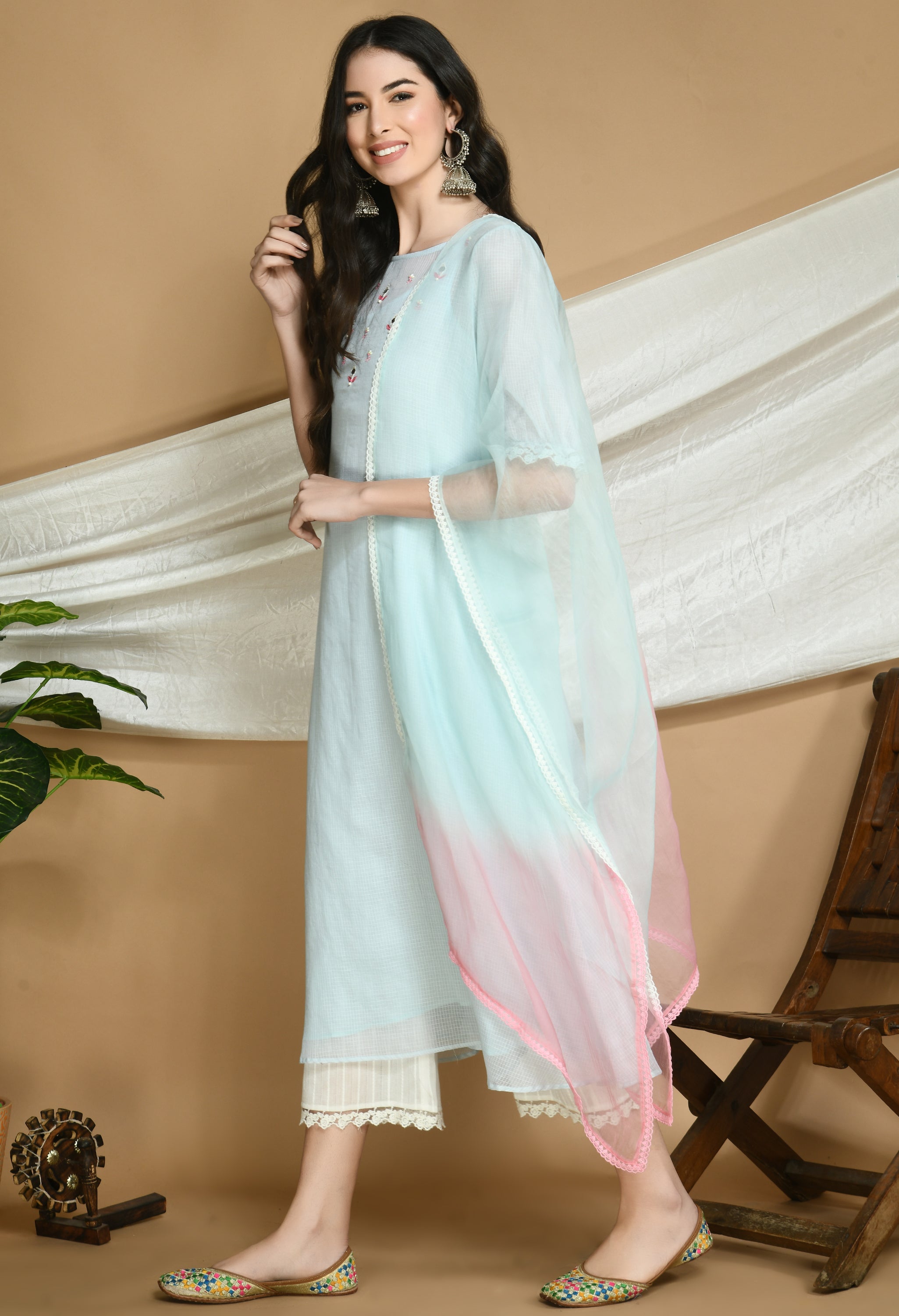 Powder Blue Kota Doria Kurta and cotton Pants Set